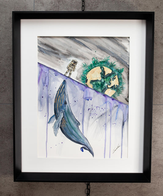 Aquarelle Originale - La baleine et le spationaute